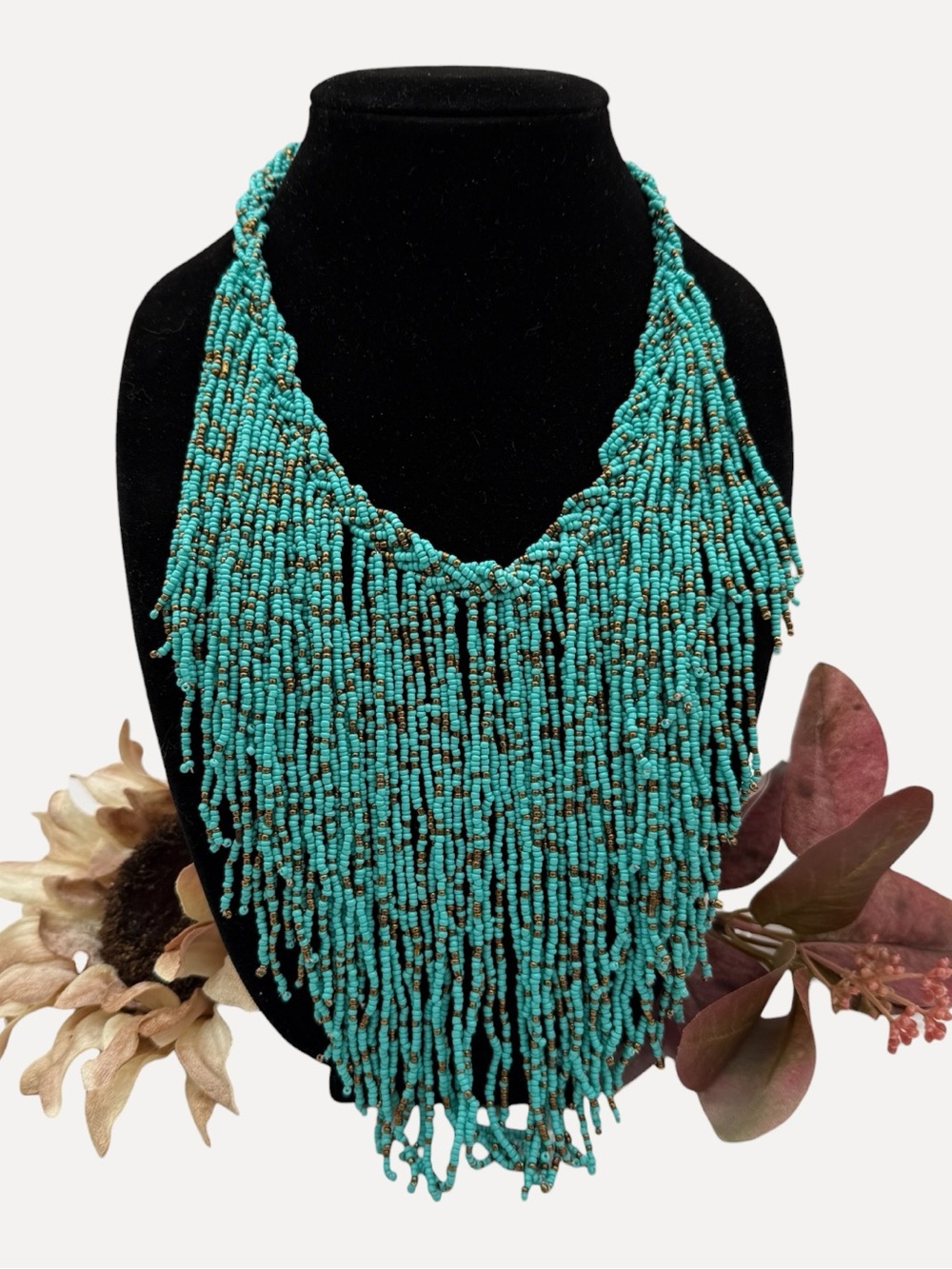 African Maasai Beaded Turquoise & Bronze Fringe Beaded Statement Necklace